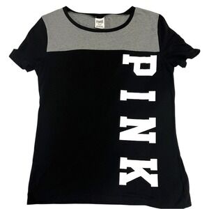 Victoria's Secret Pink Logo Colorblock Black‎ Short Sleeve TShirt Med Athleisure